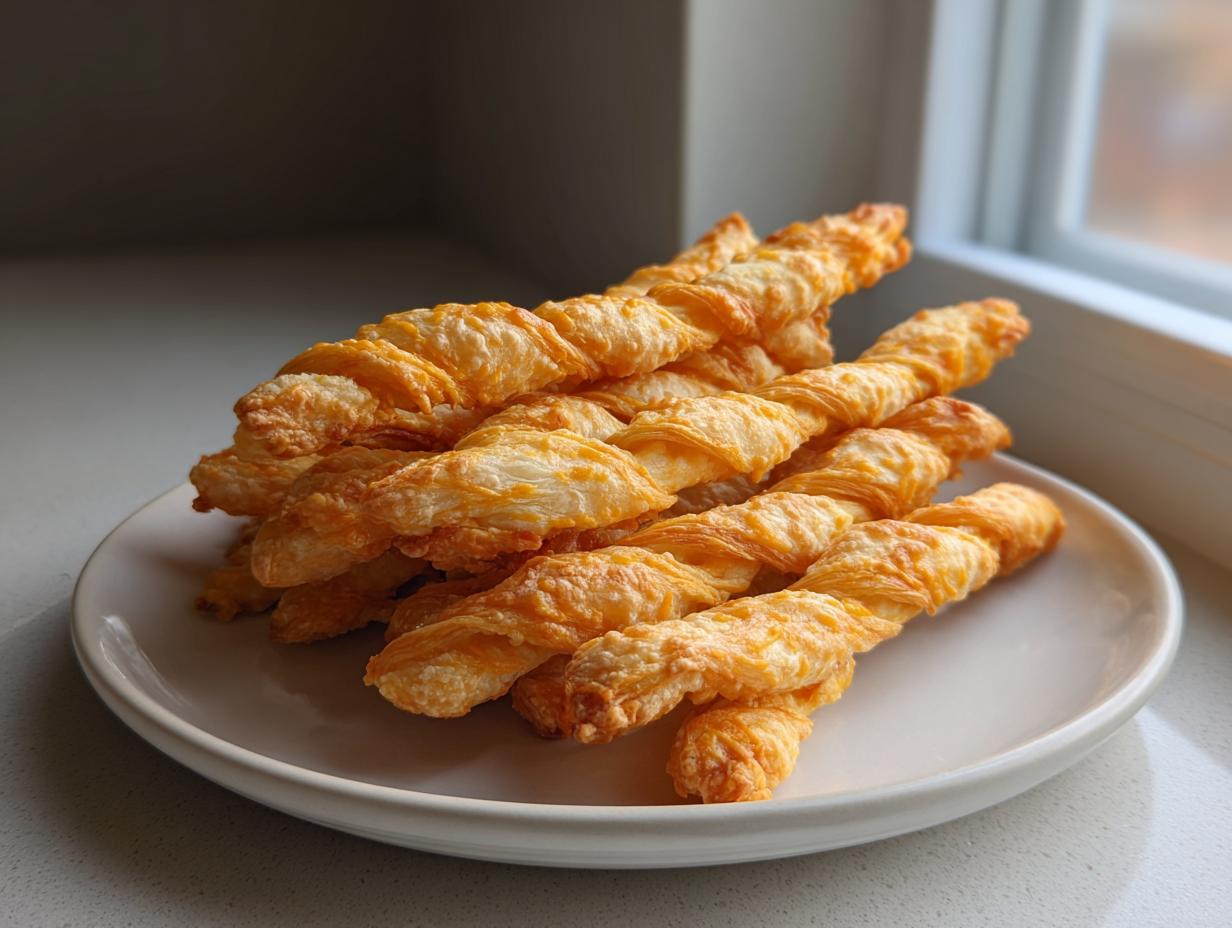 A pile of golden brown, flaky cheese straws resting on a white plate near a window.