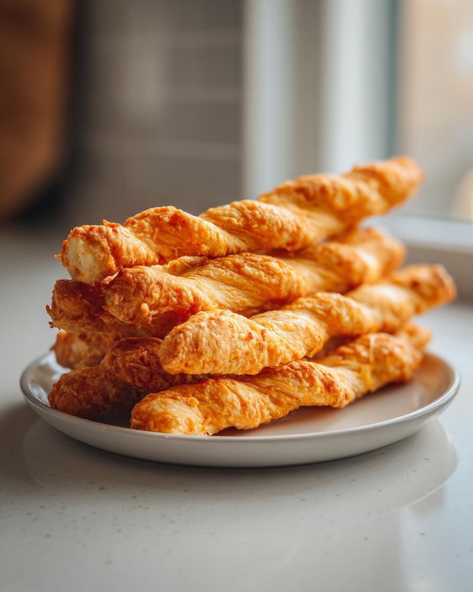 A stack of freshly baked, golden, flaky cheese straws piled high on a small white plate.