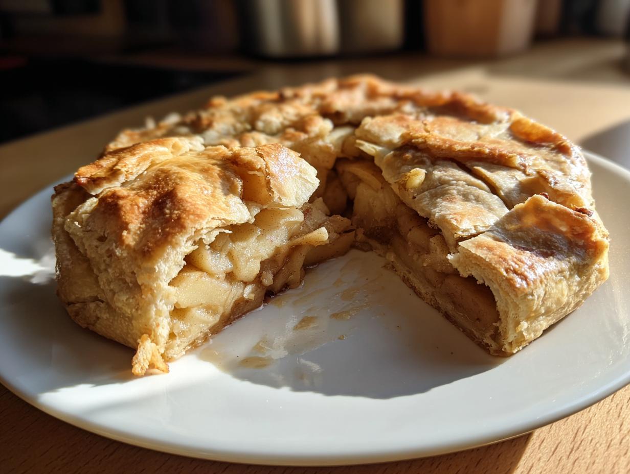 A slice cut from a golden brown apple galette, revealing the soft, spiced apple filling and flaky crust.
