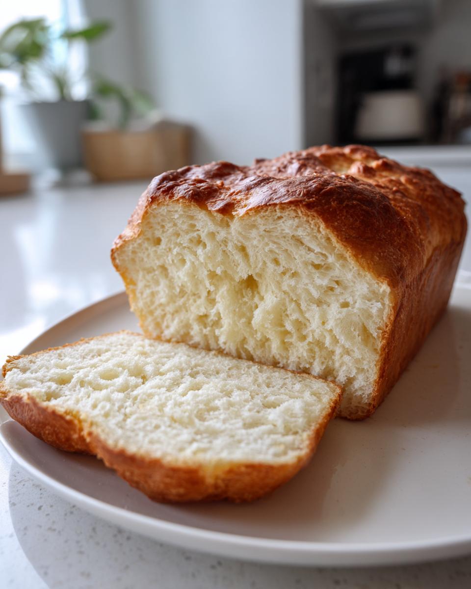 A loaf of homemade condensed milk bread, sliced to show the soft, white, and fluffy interior texture.