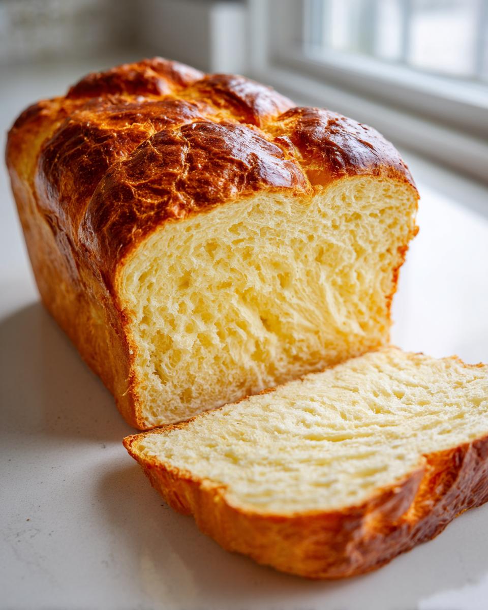 A golden-brown loaf of soft, fluffy condensed milk bread with one slice cut next to it.