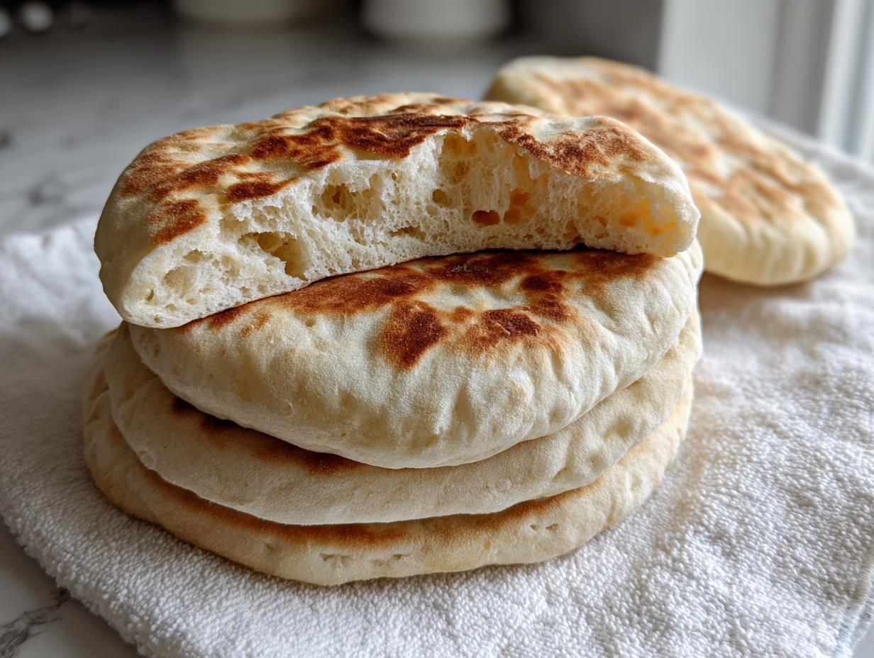 A stack of freshly cooked, fluffy pita bread, with the top piece broken open to show the airy interior pocket.