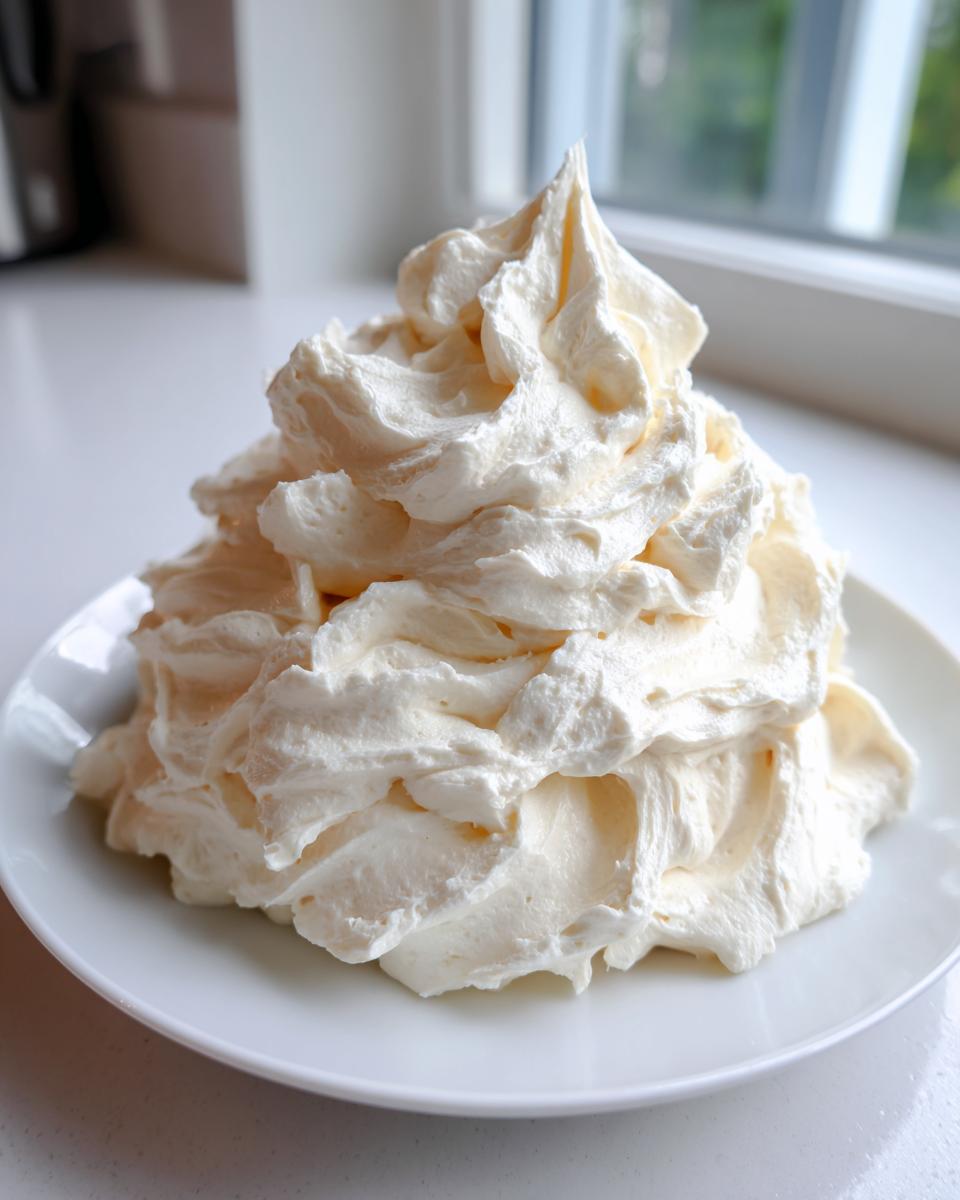 A large, fluffy mound of freshly piped vanilla buttercream frosting sitting on a white plate near a window.