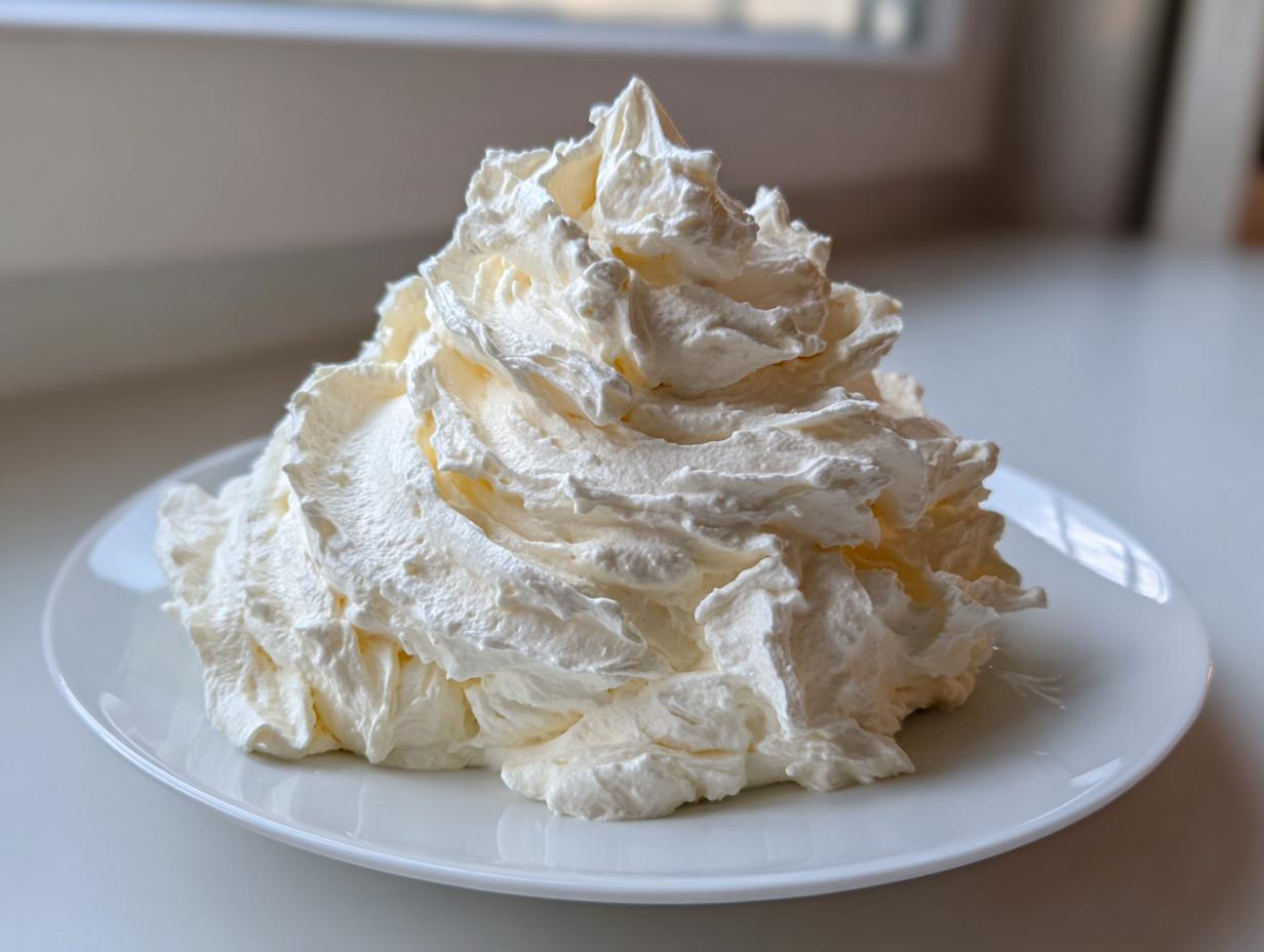 A large, fluffy mound of freshly piped vanilla buttercream frosting sitting on a white plate.