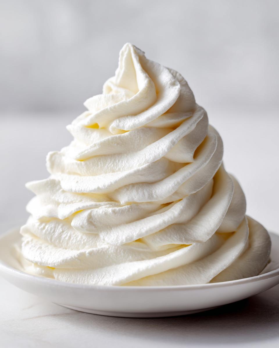 A tall, perfectly piped swirl of fluffy vanilla buttercream frosting sitting on a small white saucer.