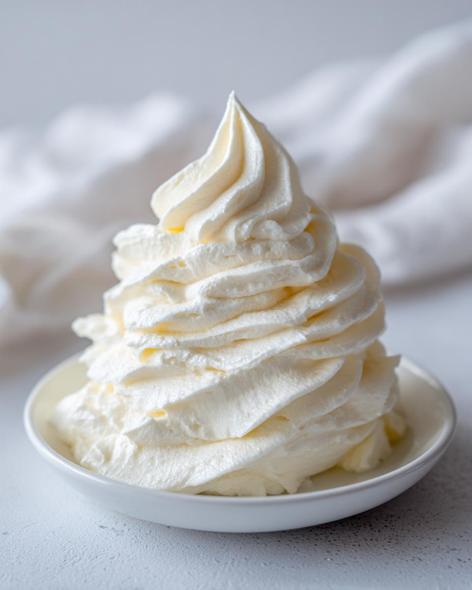 A tall, perfectly piped swirl of creamy vanilla buttercream frosting in a small white bowl.