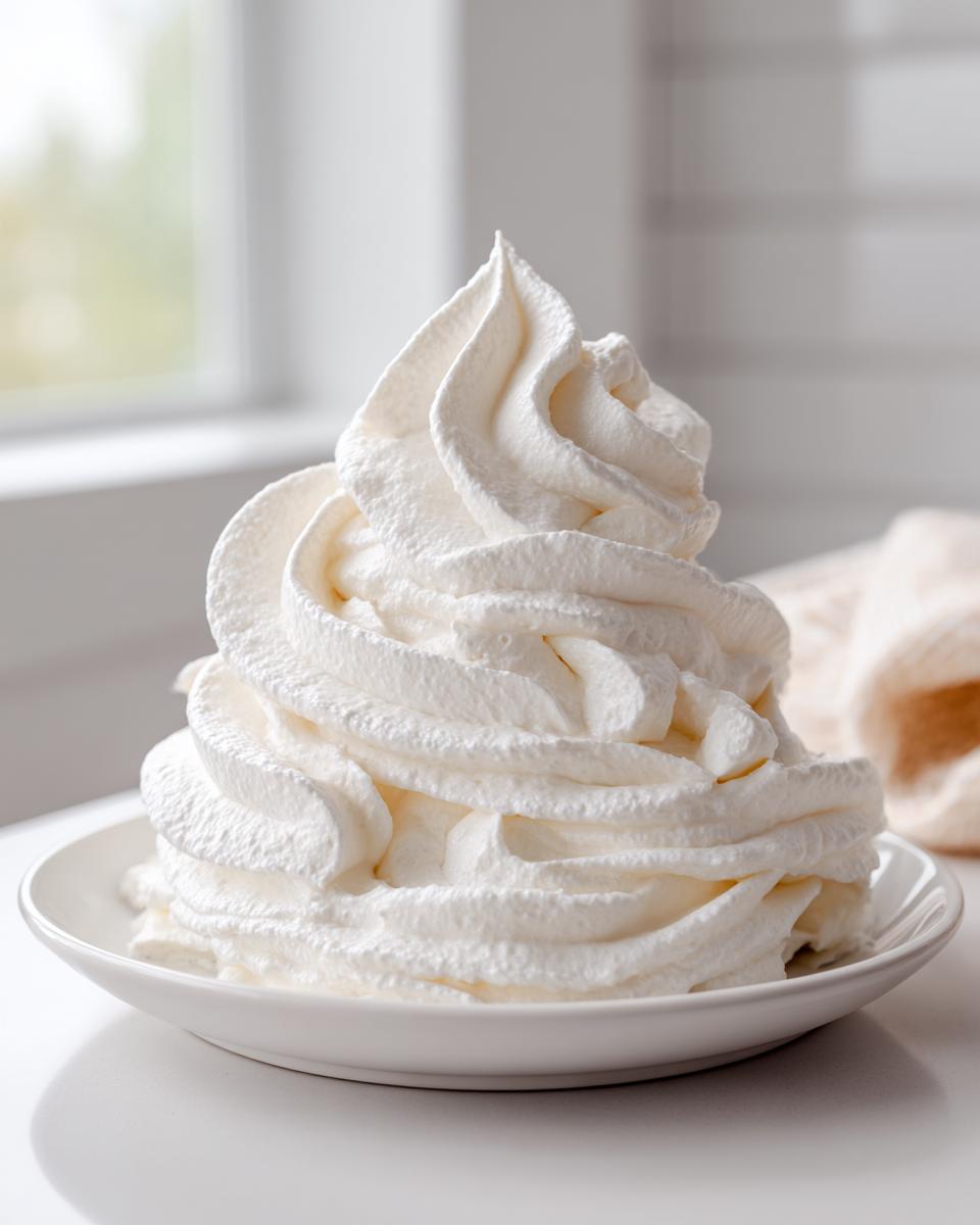 A tall, perfectly piped swirl of bright white vanilla buttercream frosting on a small white dish.