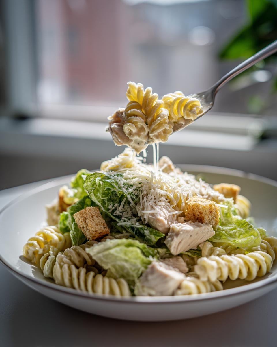A fork lifts creamy fusilli pasta and chicken from a bowl of chicken caesar pasta salad topped with lettuce and parmesan.