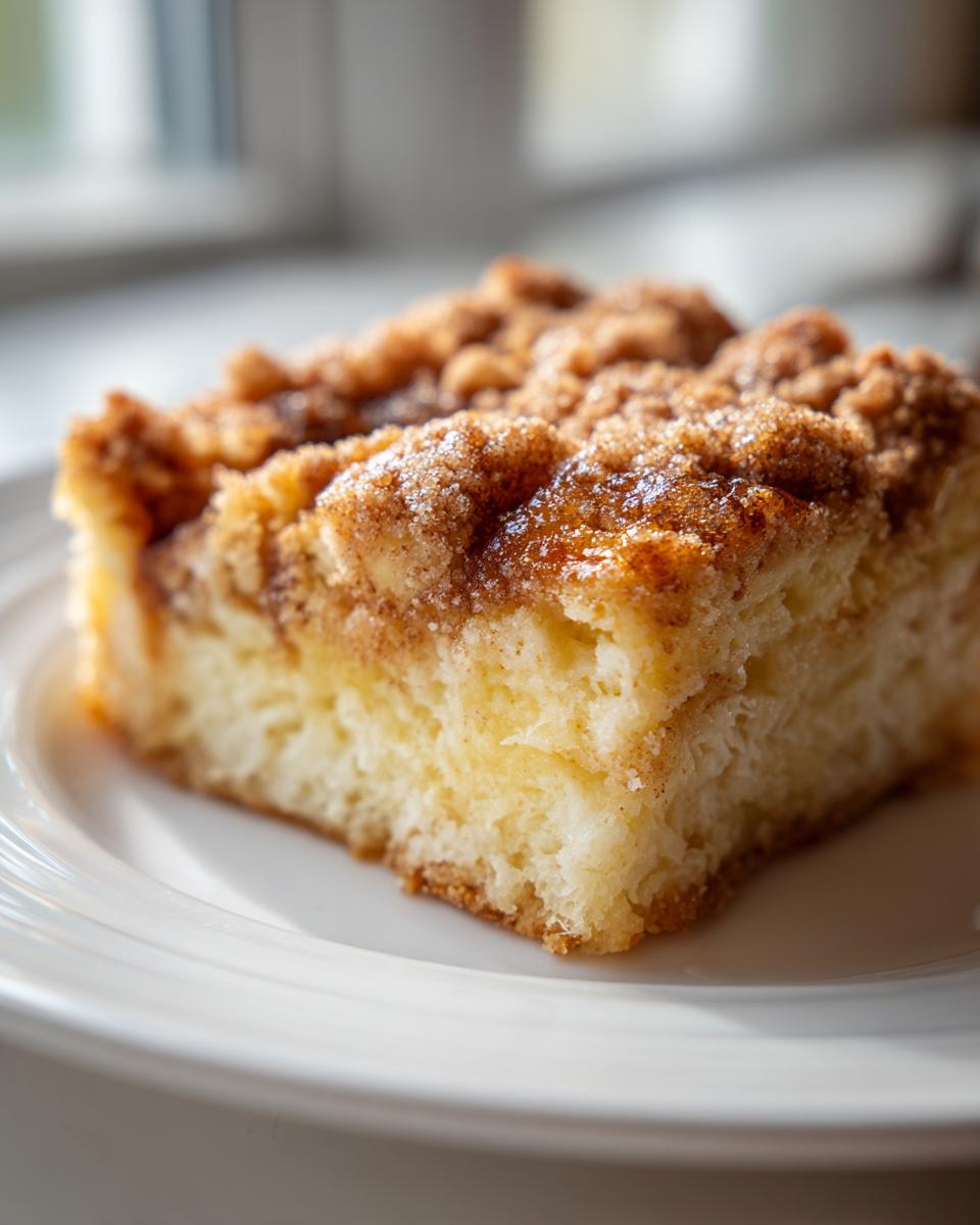 A close-up of a square slice of fluffy french toast casserole with a thick, sugary cinnamon crumble topping.