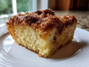 A close-up slice of moist french toast casserole with a thick, gooey cinnamon-sugar topping.