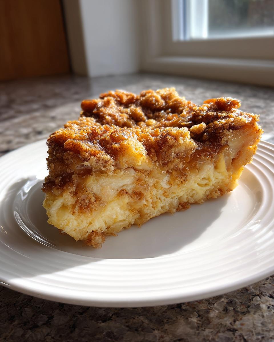 A thick slice of french toast casserole topped with a rich, brown sugar streusel, sitting on a white plate.