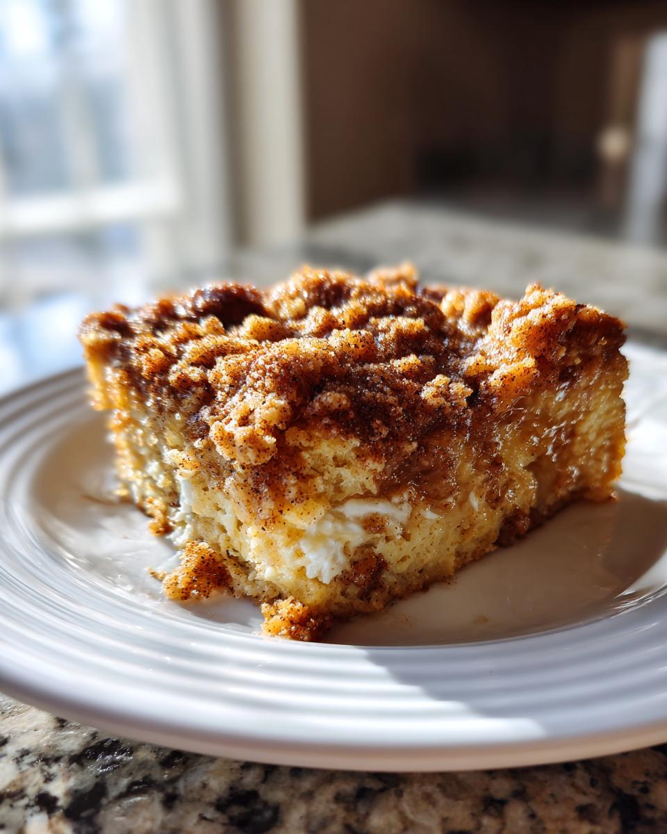 A square slice of rich french toast casserole topped with brown sugar cinnamon streusel, served on a white plate.