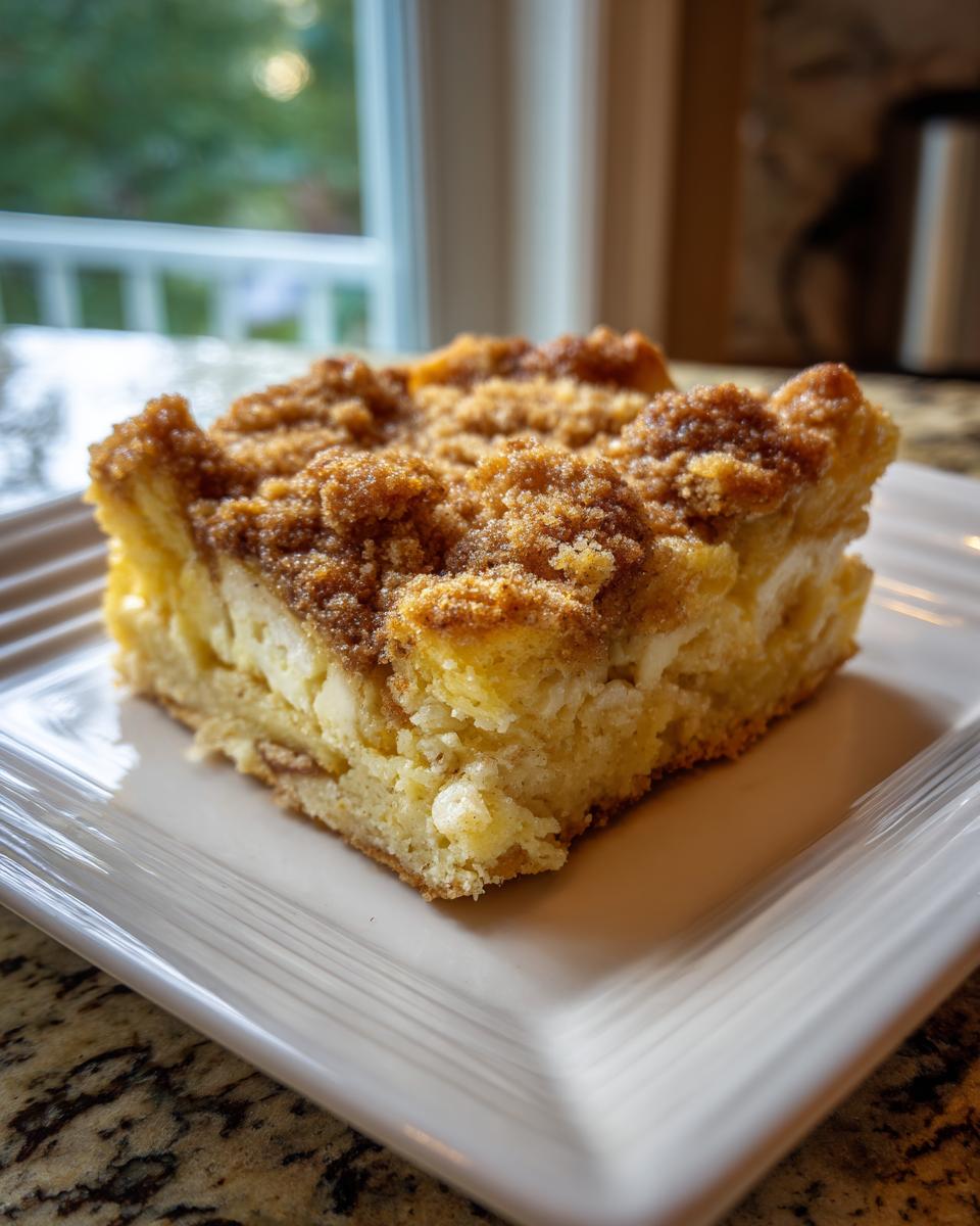A close-up of a square slice of french toast casserole topped with a thick, brown cinnamon streusel topping.