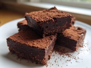 Close-up of fudgy date brownies stacked on a white plate, dusted generously with cocoa powder.