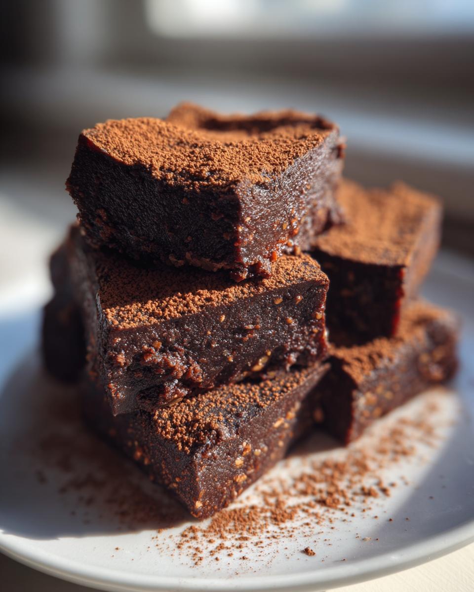 Close-up of stacked, fudgy date brownies dusted generously with cocoa powder on a white plate.