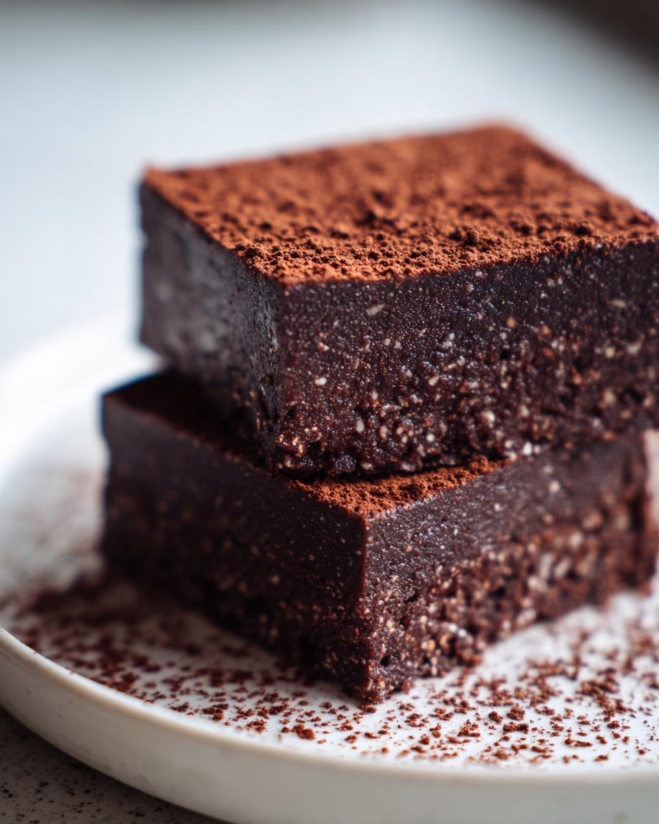 Two fudgy date brownies stacked on a white plate, generously dusted with cocoa powder.