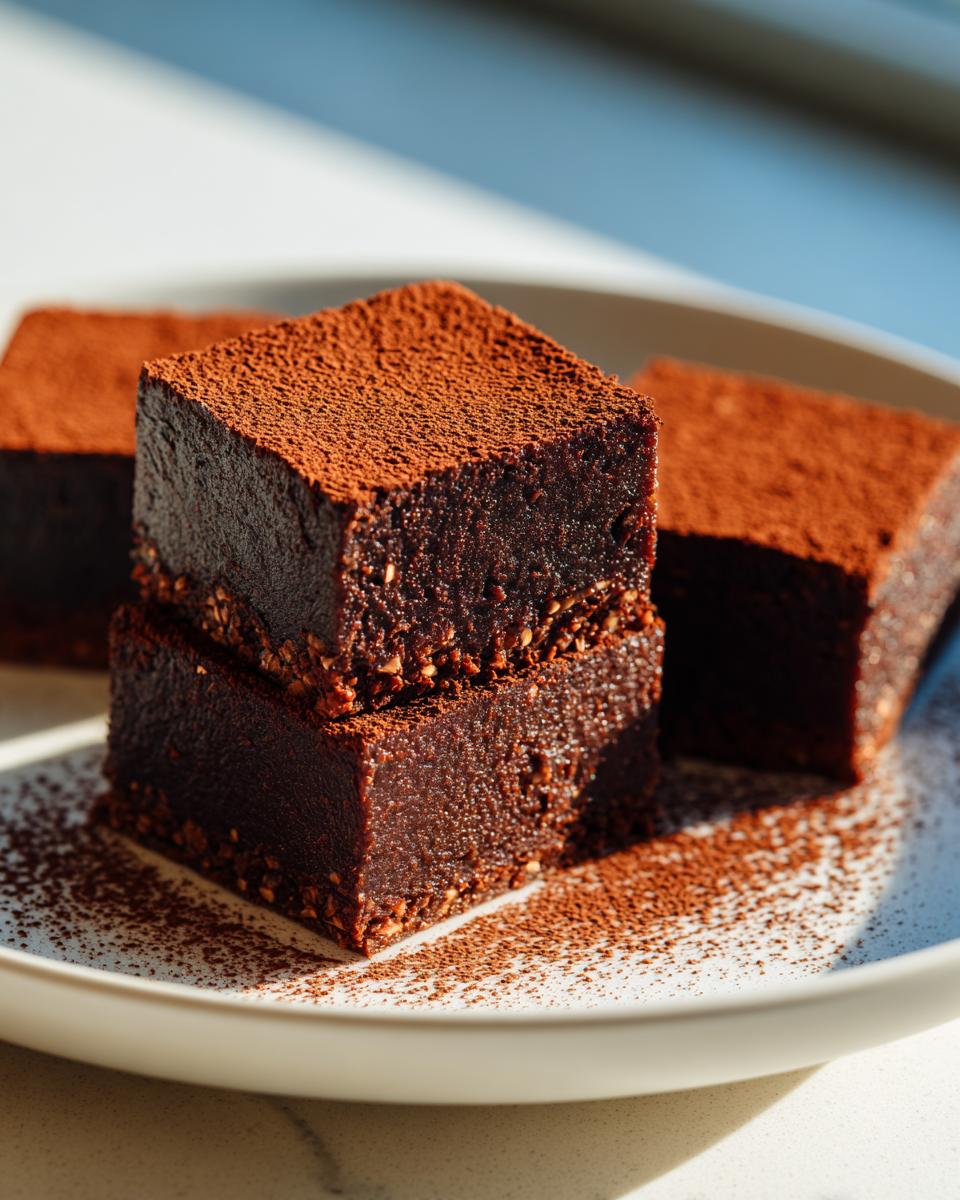 Two fudgy date brownies stacked on a plate, generously dusted with cocoa powder.