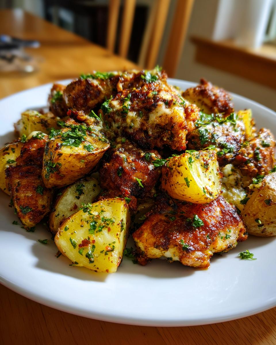 A close-up of a white plate filled with seasoned garlic parmesan chicken and potatoes, garnished with parsley.