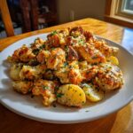 A serving of golden brown garlic parmesan chicken and potatoes garnished with fresh parsley on a white plate.
