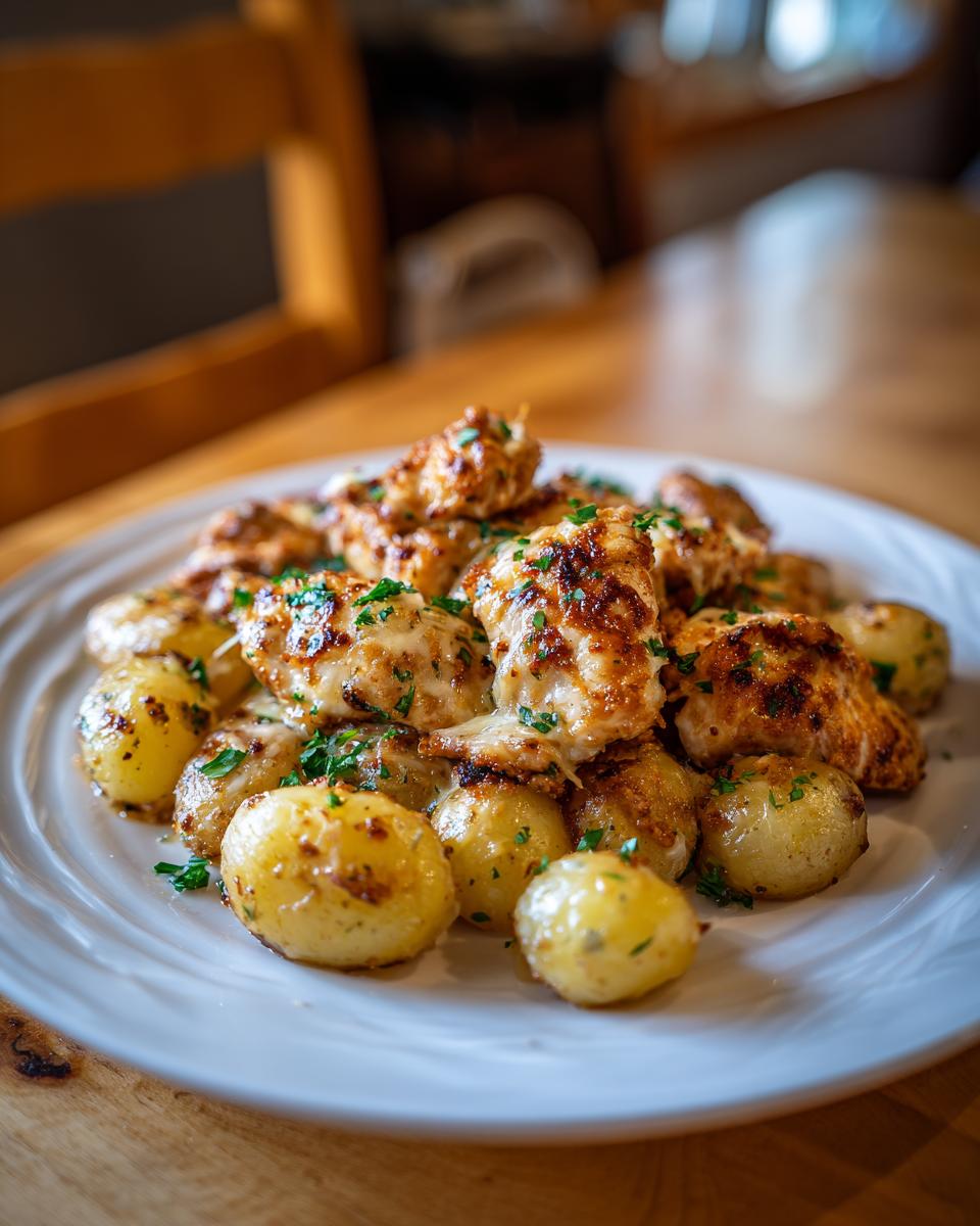 Close-up of golden brown garlic parmesan chicken and potatoes garnished with parsley on a white plate.