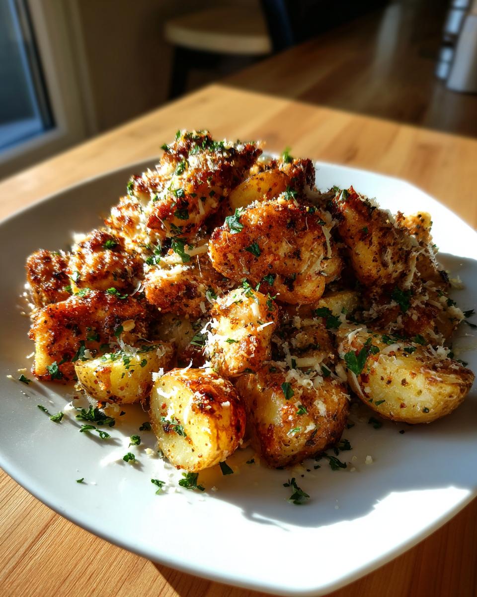 Close-up of crispy, roasted potatoes and chicken pieces seasoned with garlic parmesan and parsley.