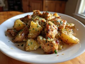 Close-up of juicy garlic parmesan chicken and potatoes coated in sauce and parsley on a white plate.