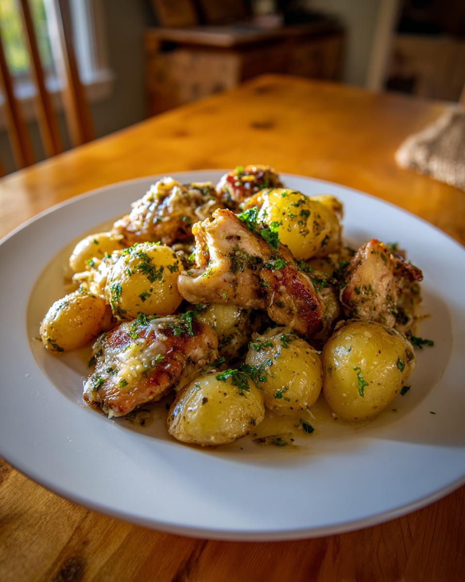 A white plate filled with juicy garlic parmesan chicken and potatoes, garnished with fresh parsley.