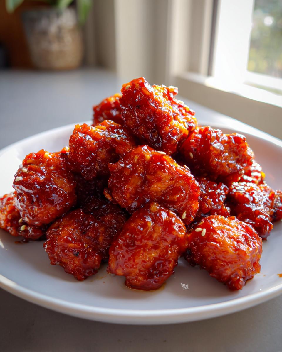 A pile of crispy, glazed gochujang chicken pieces sprinkled with sesame seeds, served on a white plate.