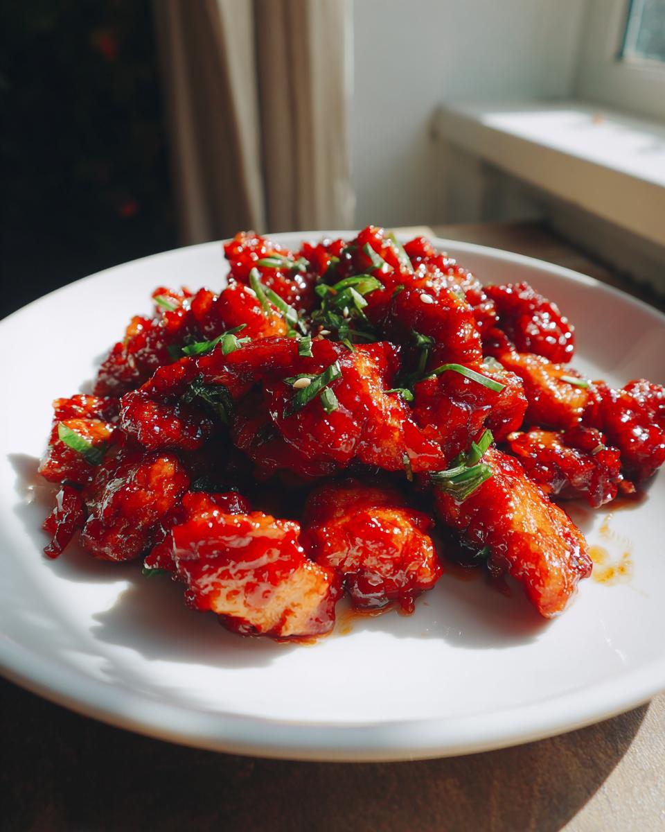 Close-up of glossy, bright red gochujang chicken pieces garnished with chopped green onions on a white plate.