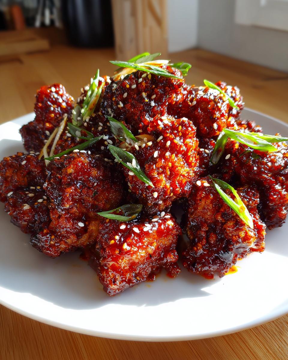 A pile of sticky, dark red Korean fried chicken pieces garnished with sesame seeds and green onions.