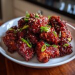 A plate piled high with sticky, dark red korean fried chicken pieces, garnished with sesame seeds and green onions.