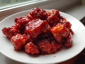 A pile of glossy, deep red, saucy gochujang chicken pieces sprinkled with sesame seeds on a white plate.
