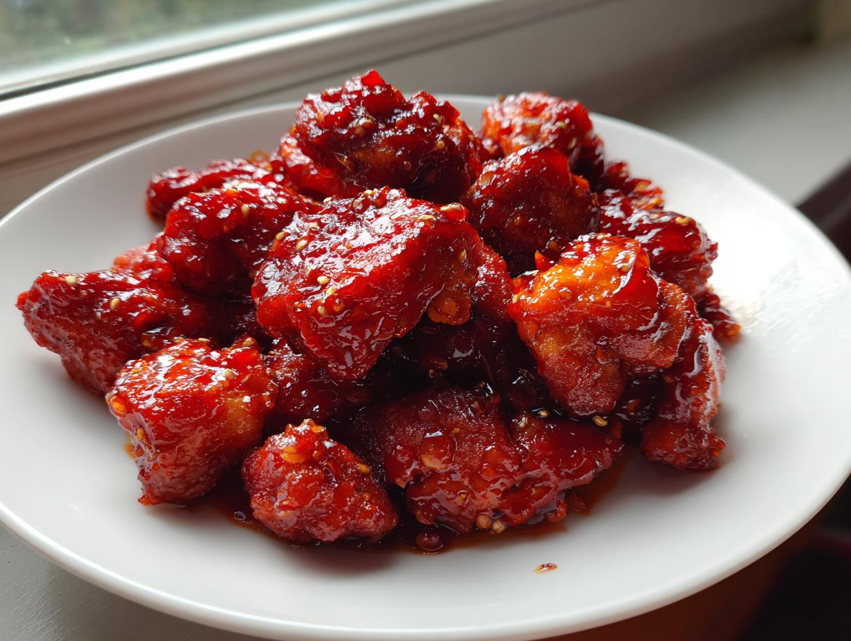 A pile of glossy, deep red, saucy gochujang chicken pieces sprinkled with sesame seeds on a white plate.