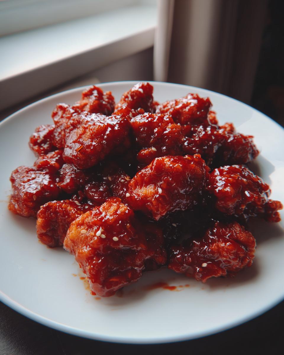 Close-up of crispy chicken pieces coated in a glossy, deep red gochujang sauce, sprinkled with sesame seeds.