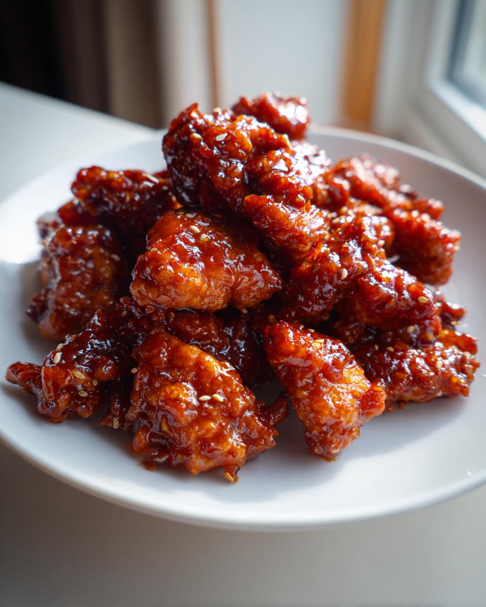 A pile of crispy, glazed gochujang chicken pieces sprinkled with sesame seeds on a white plate.