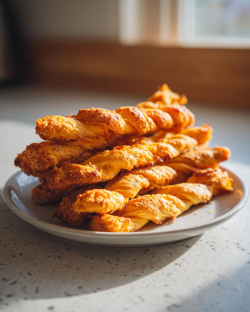 A stack of golden, flaky, twisted cheese straws recipe items piled high on a small light-colored plate.