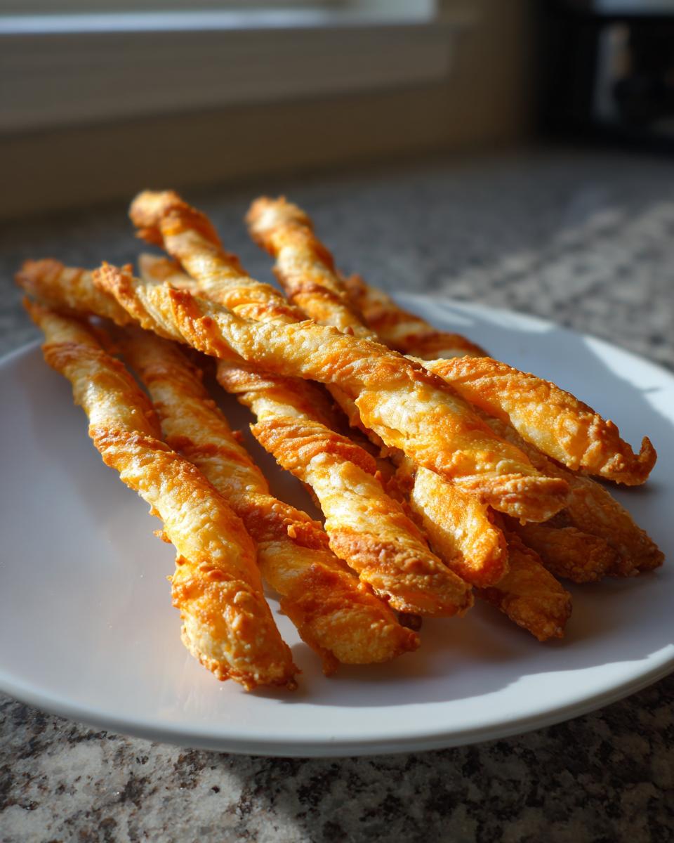 A pile of freshly baked, golden brown, twisted cheese straws recipe resting on a white plate.