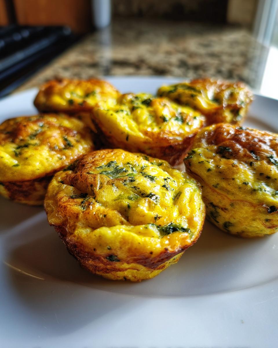 Close-up of several golden brown, baked egg bites speckled with green herbs, ready to eat.