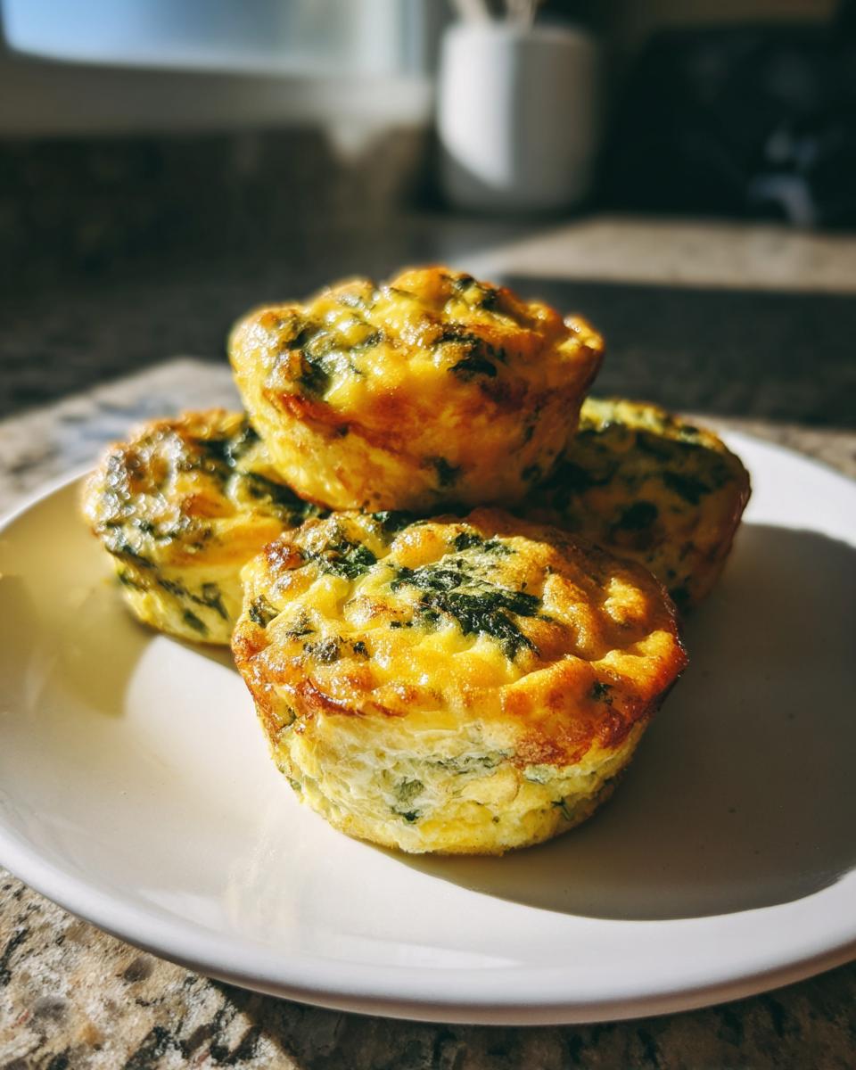 Four golden baked egg bites, featuring spinach, stacked on a white plate, perfect for a quick egg breakfast.
