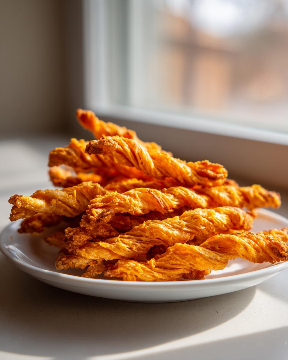 A pile of golden, flaky, twisted cheese straws recipe served on a small white plate near a window.