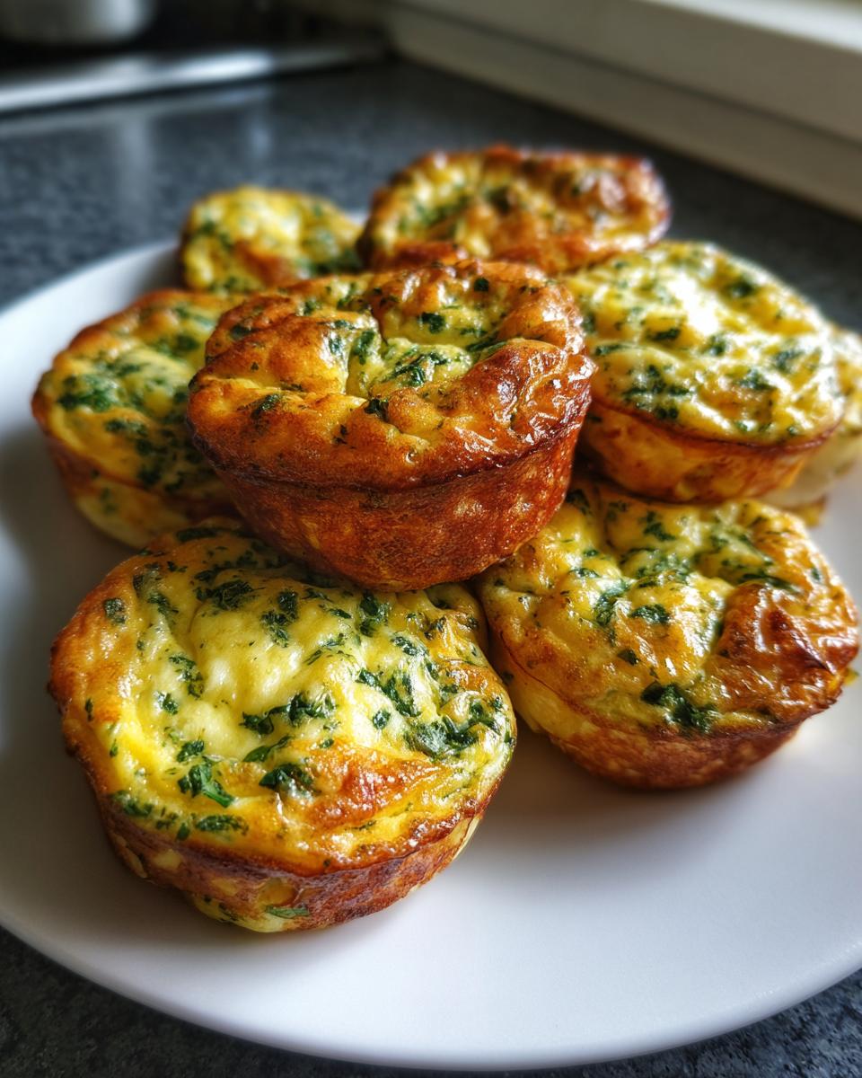 A stack of golden brown, baked egg bites mixed with green herbs, likely spinach, ready to eat.