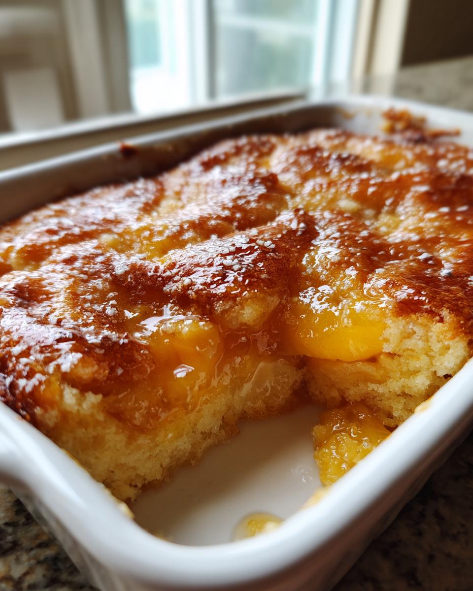 Close-up of a freshly baked peach cobbler with a glistening, golden-brown top and visible fruit filling.