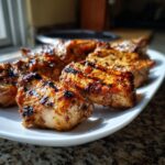 Close-up of perfectly grilled, juicy chicken pieces showing char marks, prepared using the amazing chicken marinade recipe.