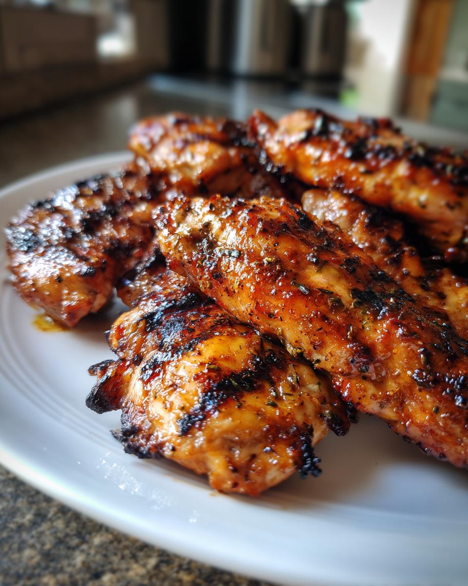 Close-up of juicy, grilled chicken pieces coated in a flavorful glaze, demonstrating the success of the chicken marinade.