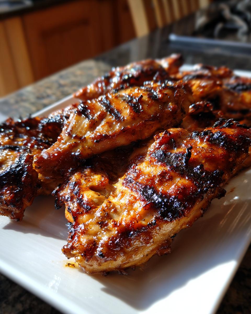 Close-up of grilled chicken tenders coated in a glossy, caramelized chicken marinade, showing distinct grill marks.