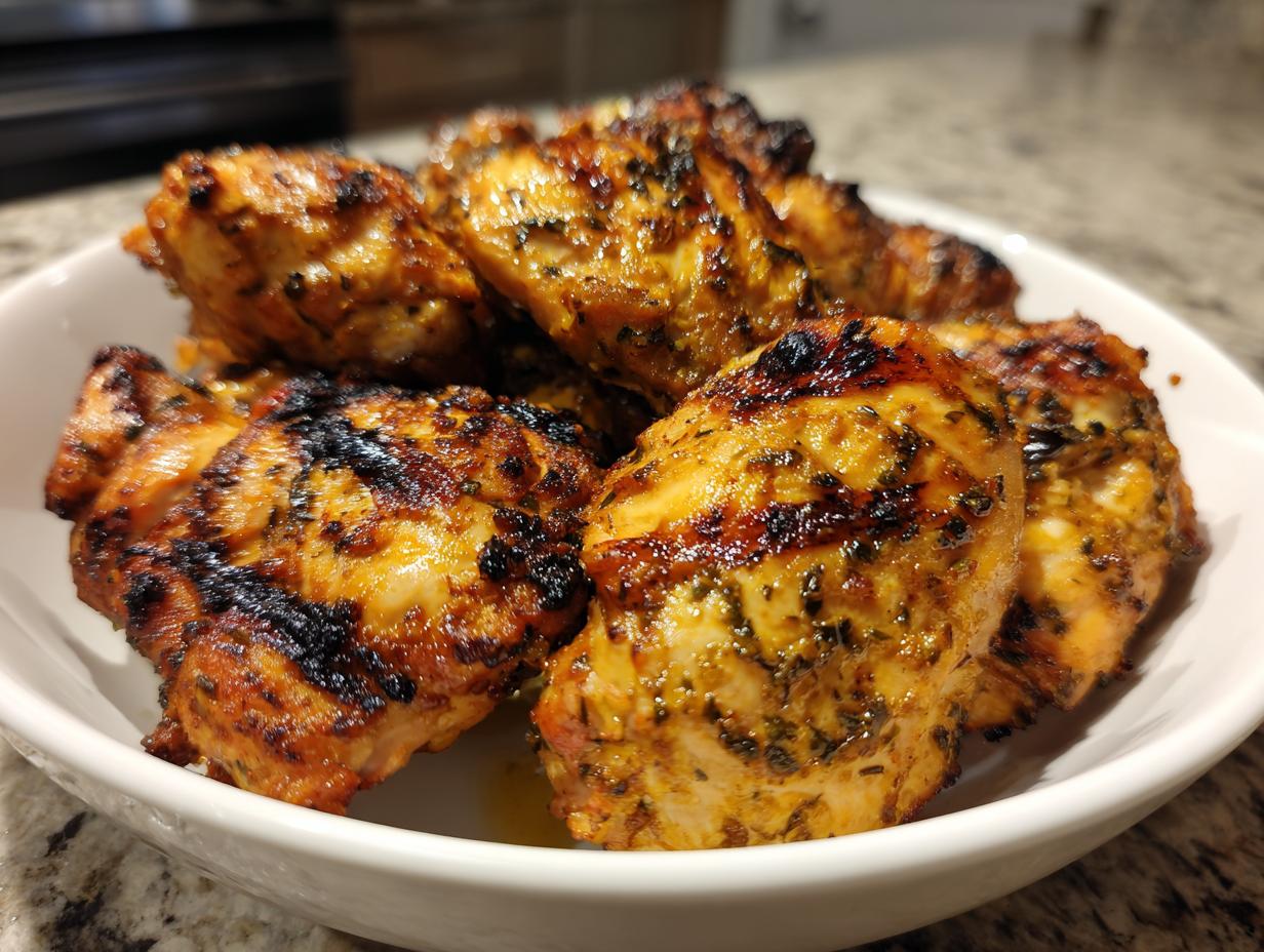 Close-up of grilled chicken pieces coated in a flavorful, herb-flecked chicken marinade, served in a white bowl.