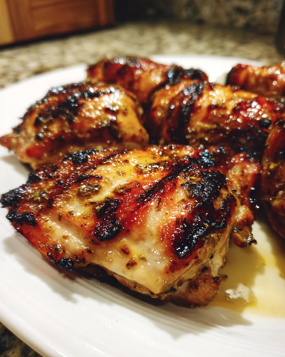 Close-up of juicy, grilled chicken thighs coated in a savory chicken marinade, showing char marks.