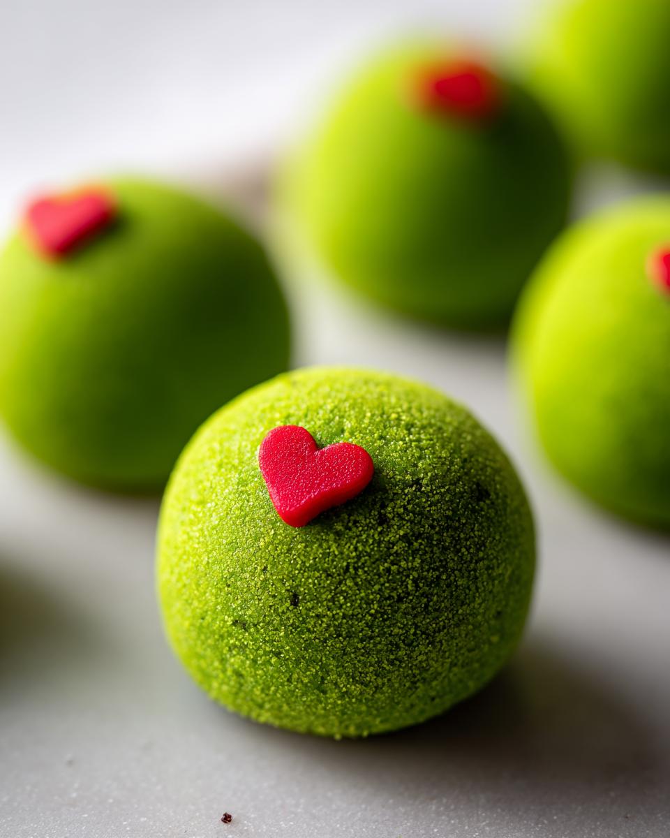 A close-up, shallow depth of field photo showing several bright green Grinch Oreo Balls, each topped with a small red candy heart.