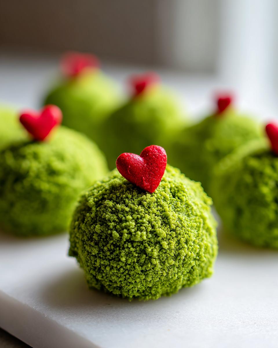 Close-up of a bright green Grinch Oreo ball coated in crumbs, topped with a small red heart candy.