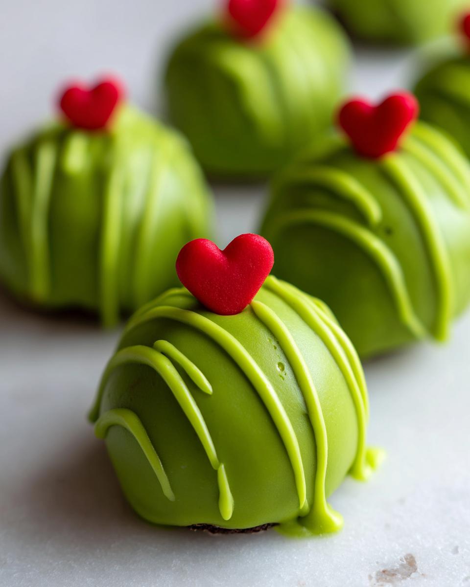Close-up of bright green Grinch Oreo Balls dipped in coating and drizzled with lighter green icing, topped with a small red heart.